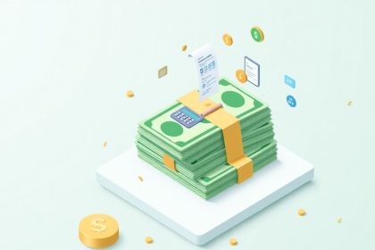 Isometric cash stack with floating accounting elements.