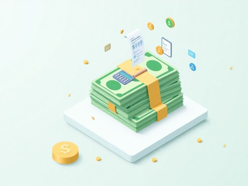 Isometric cash stack with floating accounting elements.