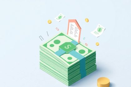 Isometric cash stack with tax-related floating elements.