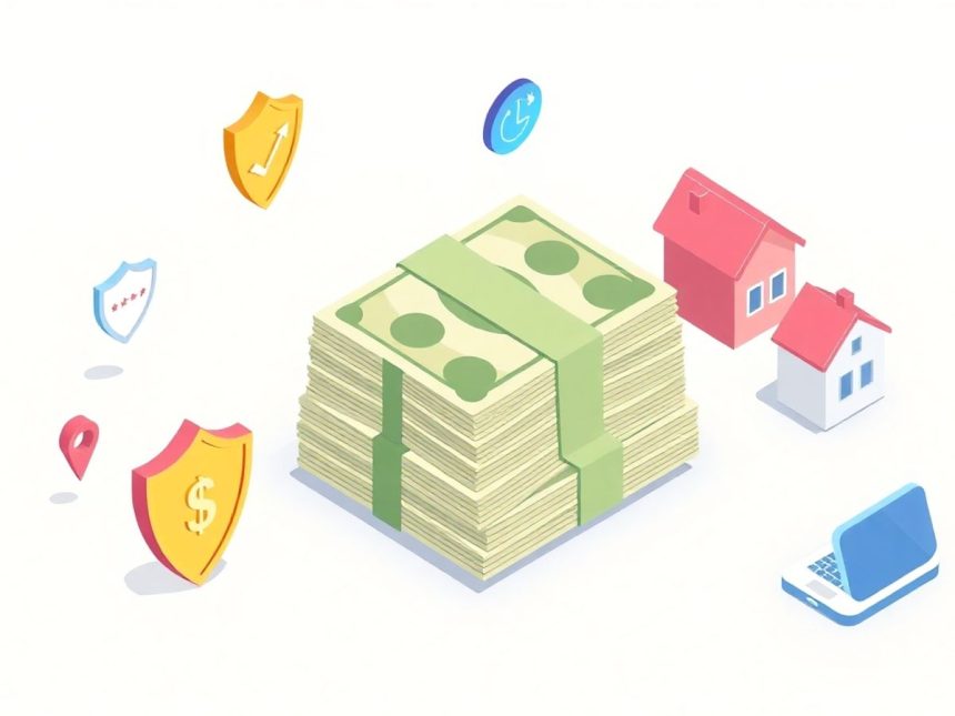 Isometric blog header with cash and floating elements.