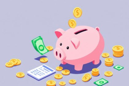 Isometric piggy bank with coins and cash on solid background.