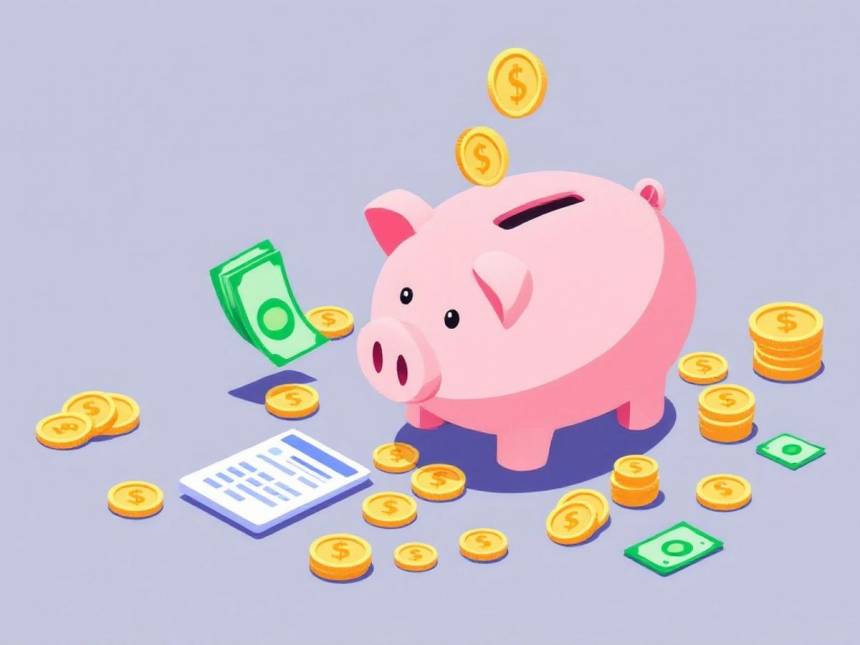 Isometric piggy bank with coins and cash on solid background.