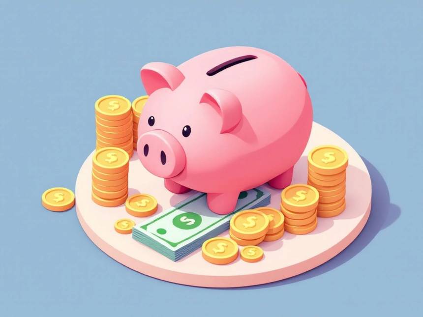 Isometric image of piggy bank and coins on solid background.