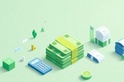 Isometric cash stack with tax-related floating elements.