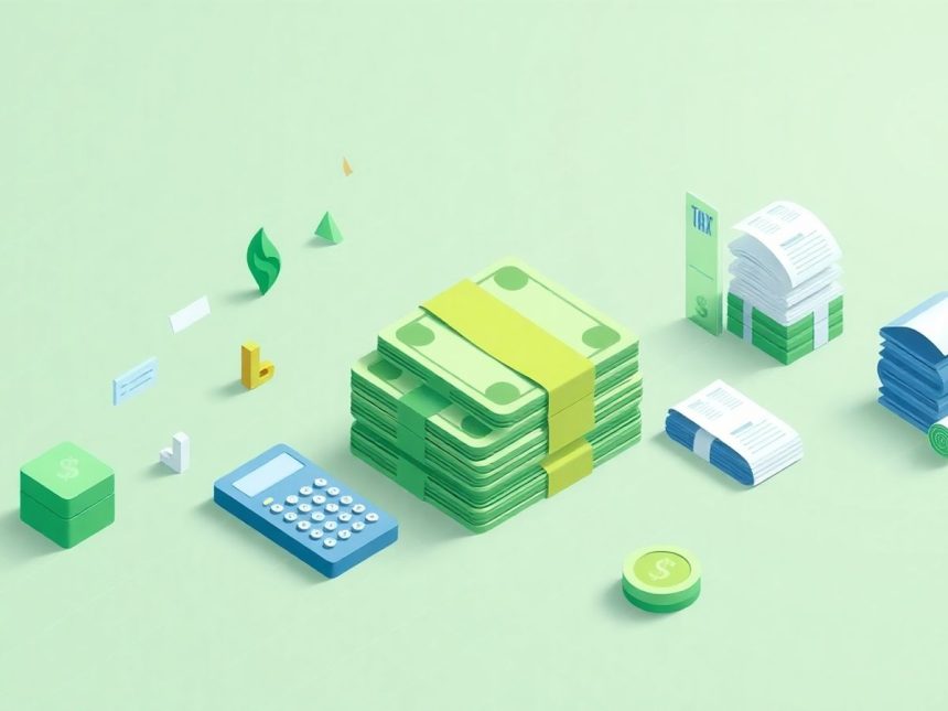 Isometric cash stack with tax-related floating elements.