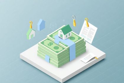 Isometric blog header with cash, house, and keys.