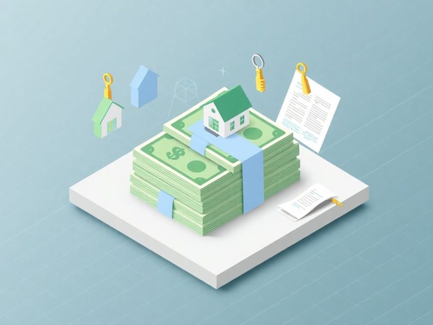 Isometric blog header with cash, house, and keys.