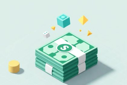 Isometric cash stack with floating geometric shapes.