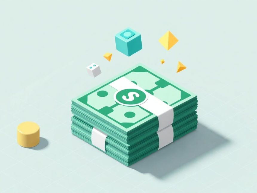 Isometric cash stack with floating geometric shapes.