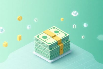 Isometric cash stack with floating financial icons.