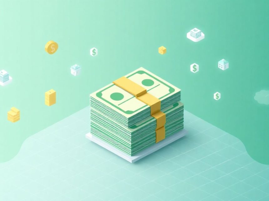 Isometric cash stack with floating financial icons.