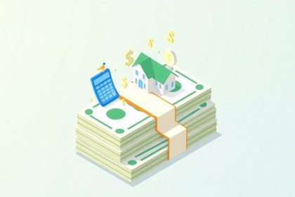 Isometric blog header with cash and floating elements.