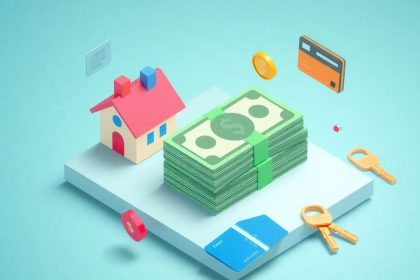 Isometric cash stack with house and credit cards.