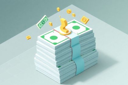 Isometric cash stack with floating tax-related elements.