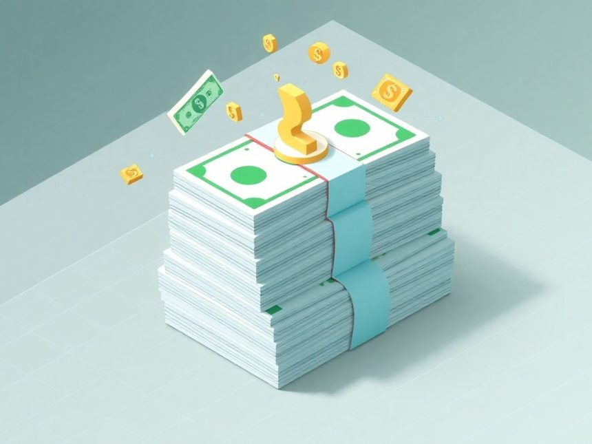 Isometric cash stack with floating tax-related elements.