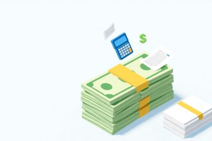 Isometric cash stack with floating tax-related elements.