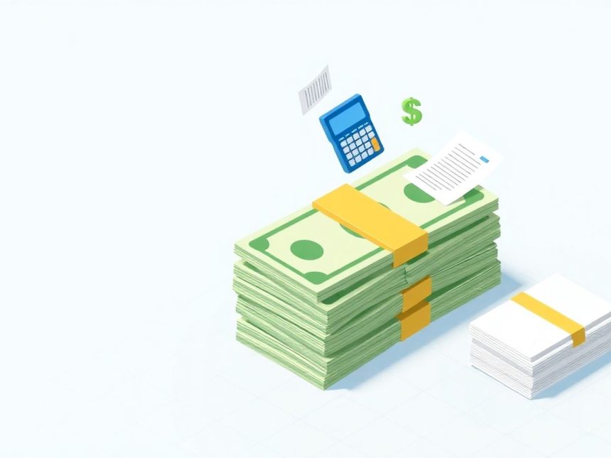 Isometric cash stack with floating tax-related elements.