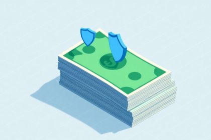 Isometric cash stack with floating shield icons for insurance.