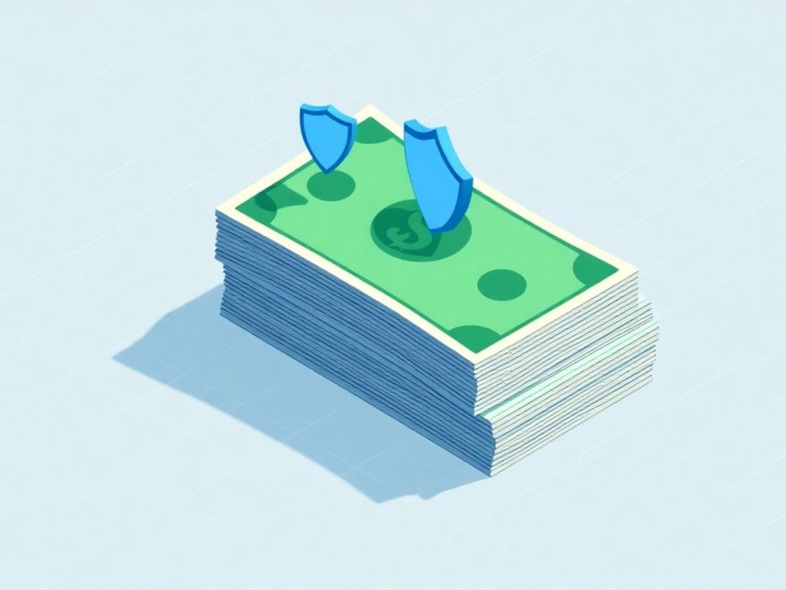 Isometric cash stack with floating shield icons for insurance.