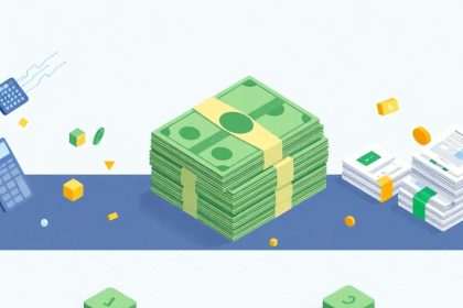 Isometric cash stack with floating financial elements.