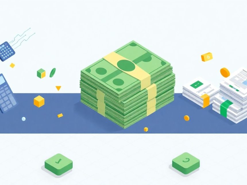 Isometric cash stack with floating financial elements.