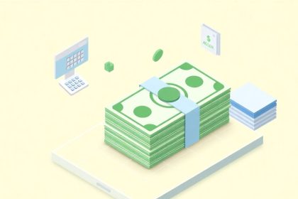 Isometric cash stack with floating financial elements.