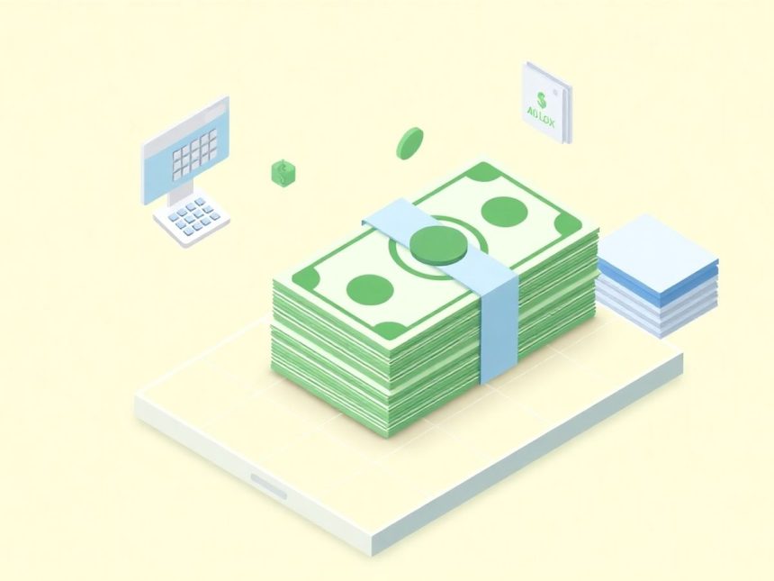 Isometric cash stack with floating financial elements.