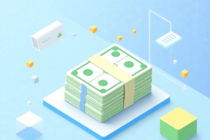 Isometric cash stack with floating geometric elements.