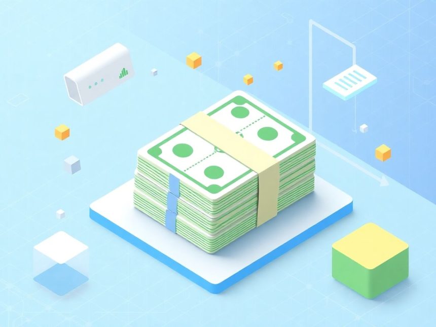 Isometric cash stack with floating geometric elements.