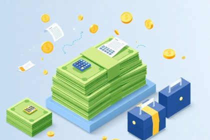 Isometric cash stack with floating financial elements.