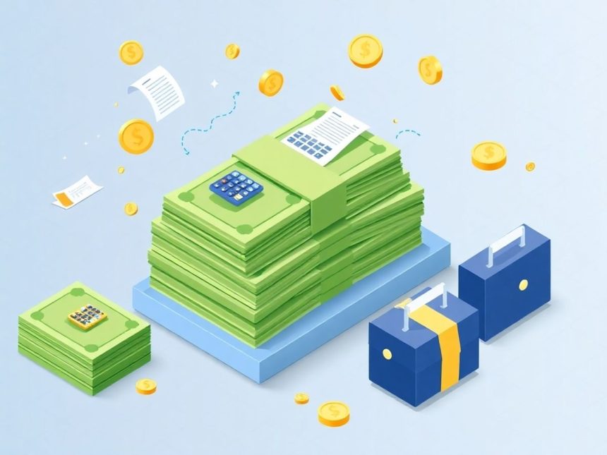 Isometric cash stack with floating financial elements.