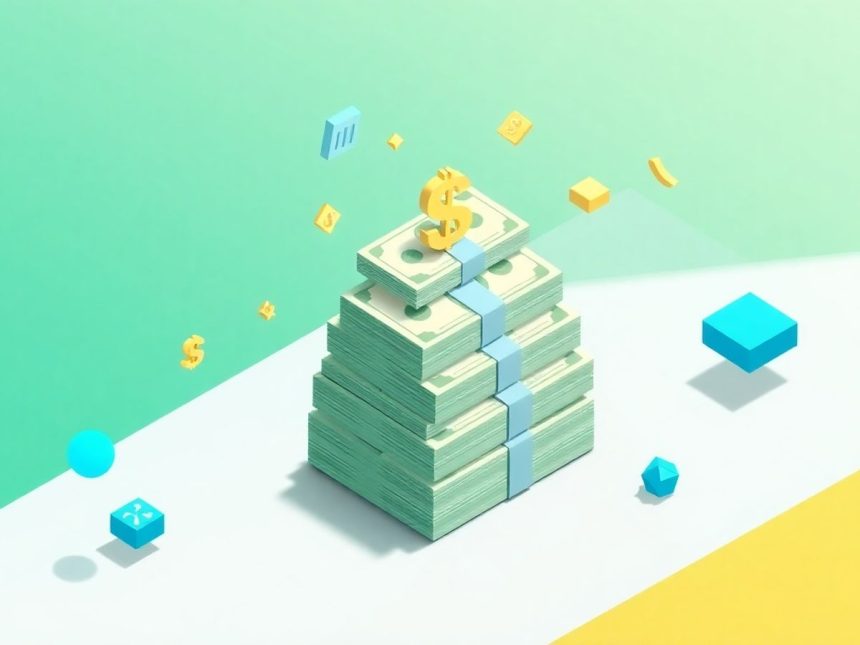 Isometric cash stack with floating tax-related elements.