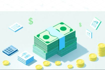 Isometric cash stack with floating financial elements.