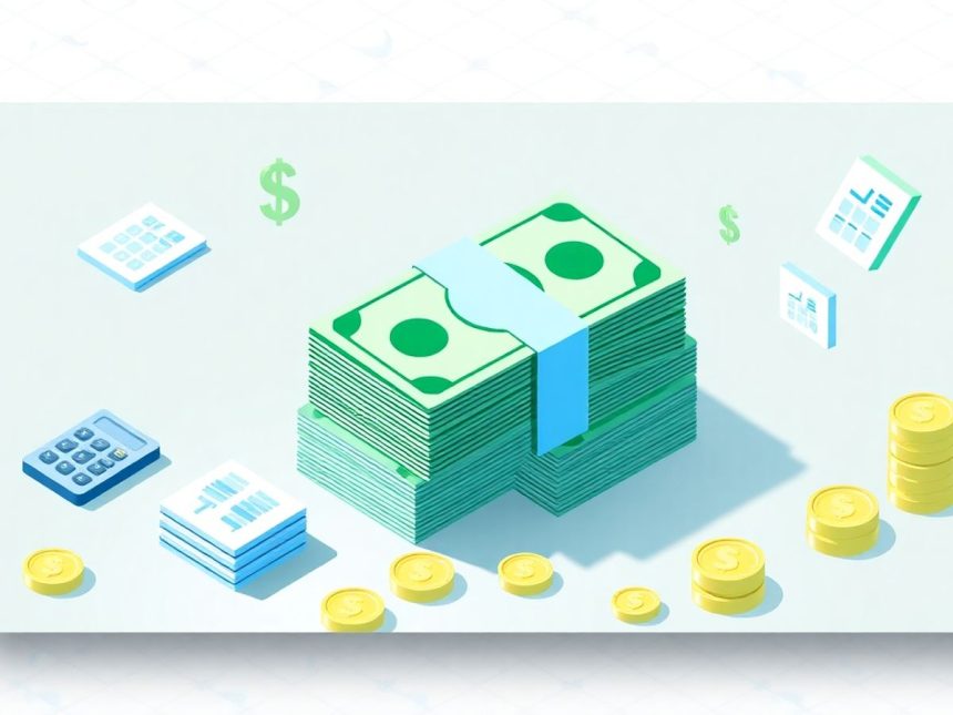 Isometric cash stack with floating financial elements.