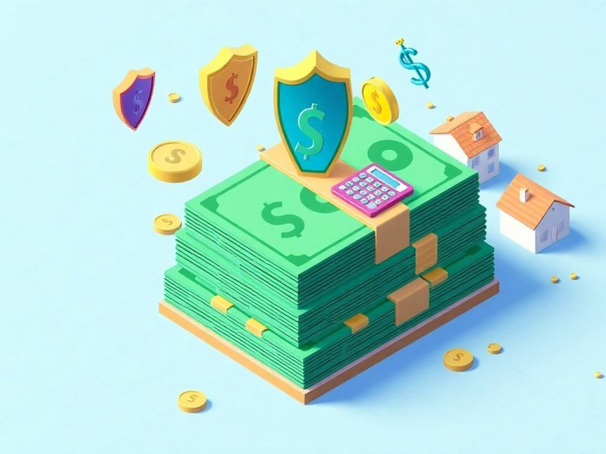 Isometric cash stack with floating 3D elements.