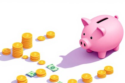 Isometric image of piggy bank and coins on solid background.