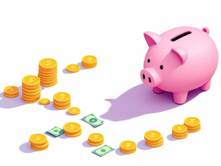 Isometric image of piggy bank and coins on solid background.