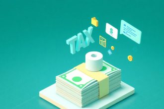 Isometric stack of cash with floating tax elements.