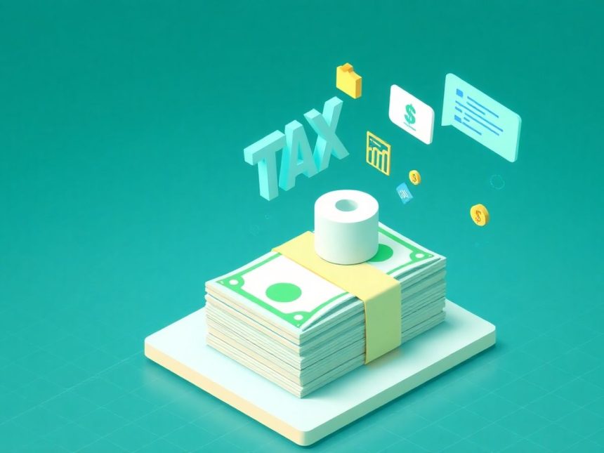 Isometric stack of cash with floating tax elements.