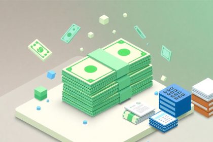 Isometric cash stack with floating financial elements.