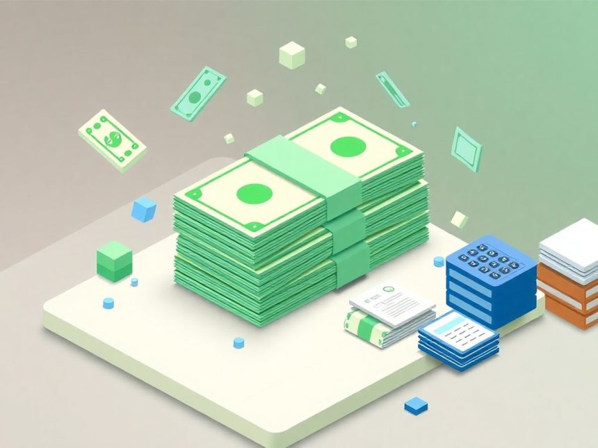 Isometric cash stack with floating financial elements.