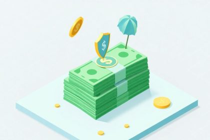 Isometric cash stack with floating protection elements.