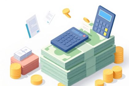 Isometric cash stack with floating accounting elements.