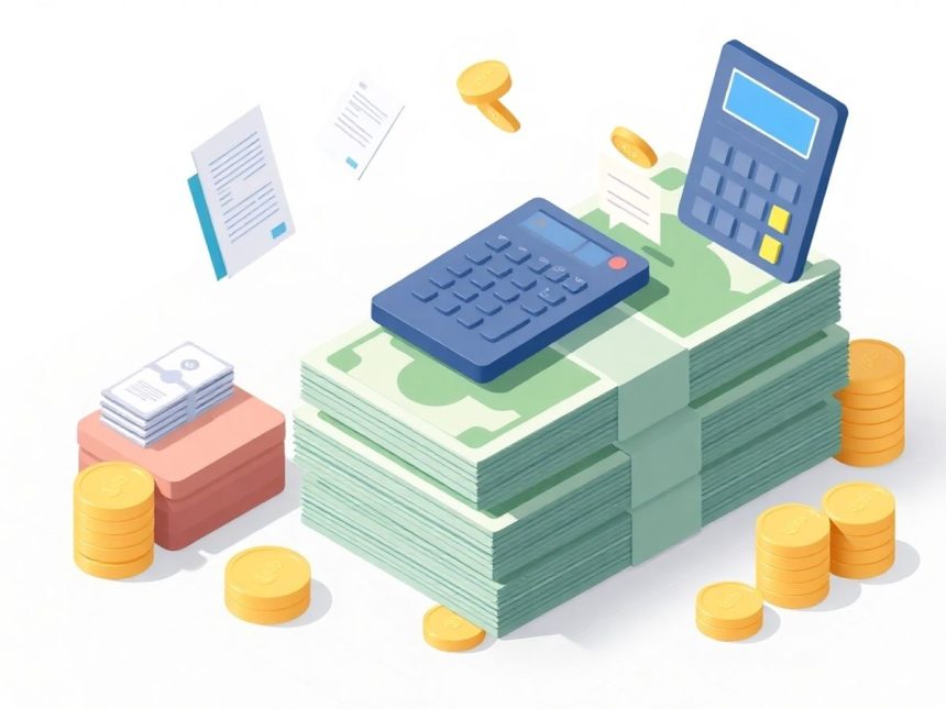 Isometric cash stack with floating accounting elements.