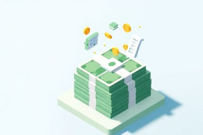 Isometric cash stack with tax-related floating elements.