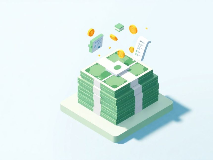 Isometric cash stack with tax-related floating elements.