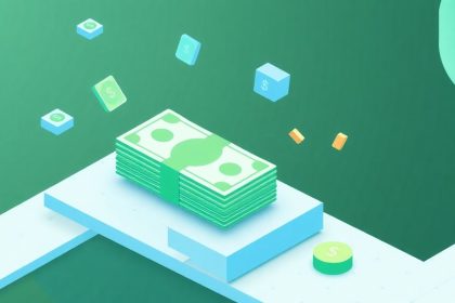 Isometric design of cash stack with floating financial elements.