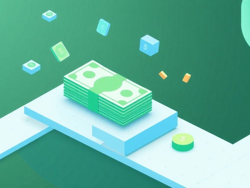 Isometric design of cash stack with floating financial elements.