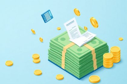 Isometric cash stack with floating financial elements.