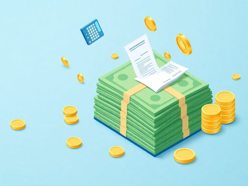 Isometric cash stack with floating financial elements.